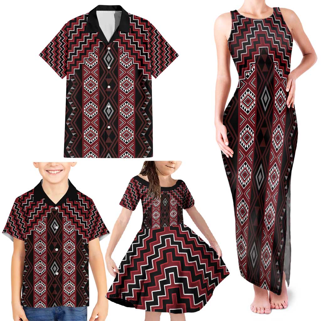 New Zealand Aotearoa Family Matching Tank Maxi Dress and Hawaiian Shirt Red Poutama With Taniko Pattern LT05 - Polynesian Pride