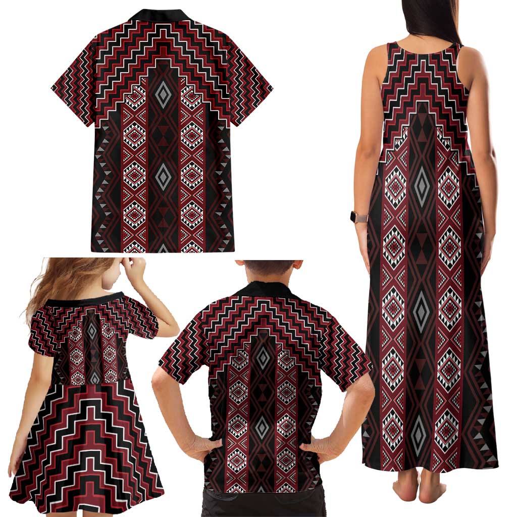 New Zealand Aotearoa Family Matching Tank Maxi Dress and Hawaiian Shirt Red Poutama With Taniko Pattern LT05 - Polynesian Pride