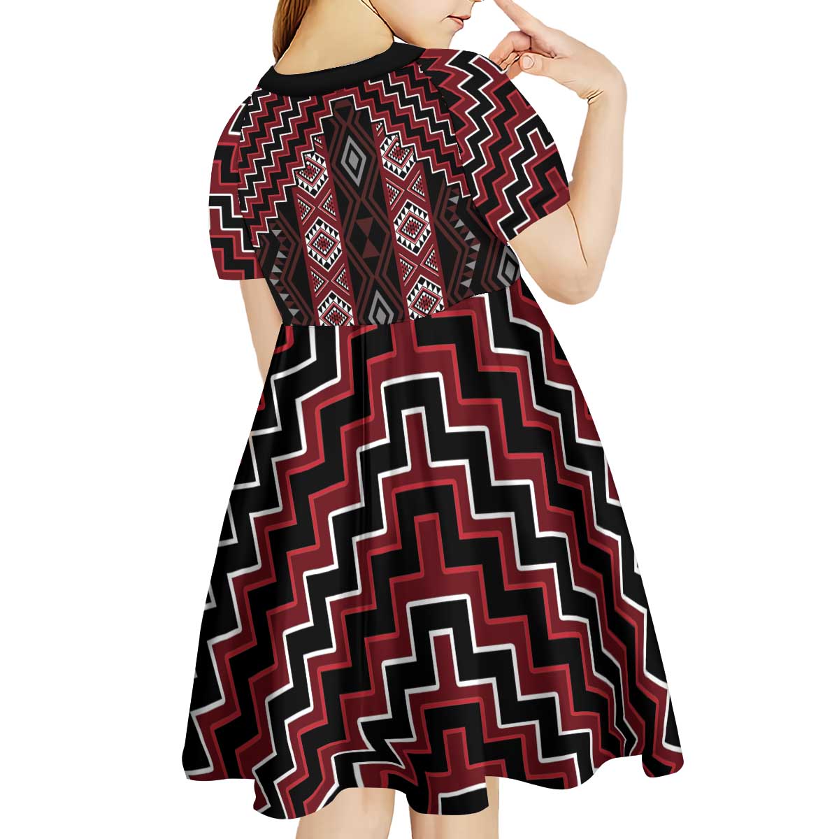 New Zealand Aotearoa Kid Short Sleeve Dress Red Poutama With Taniko Pattern LT05