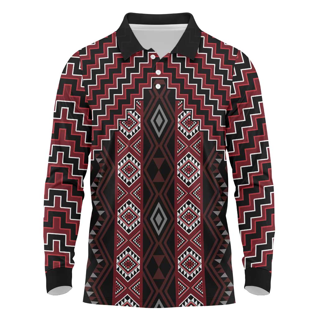 New Zealand Aotearoa Long Sleeve Polo Shirt Red Poutama With Taniko Pattern LT05 Red - Polynesian Pride