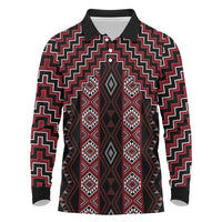 New Zealand Aotearoa Long Sleeve Polo Shirt Red Poutama With Taniko Pattern LT05 Red - Polynesian Pride