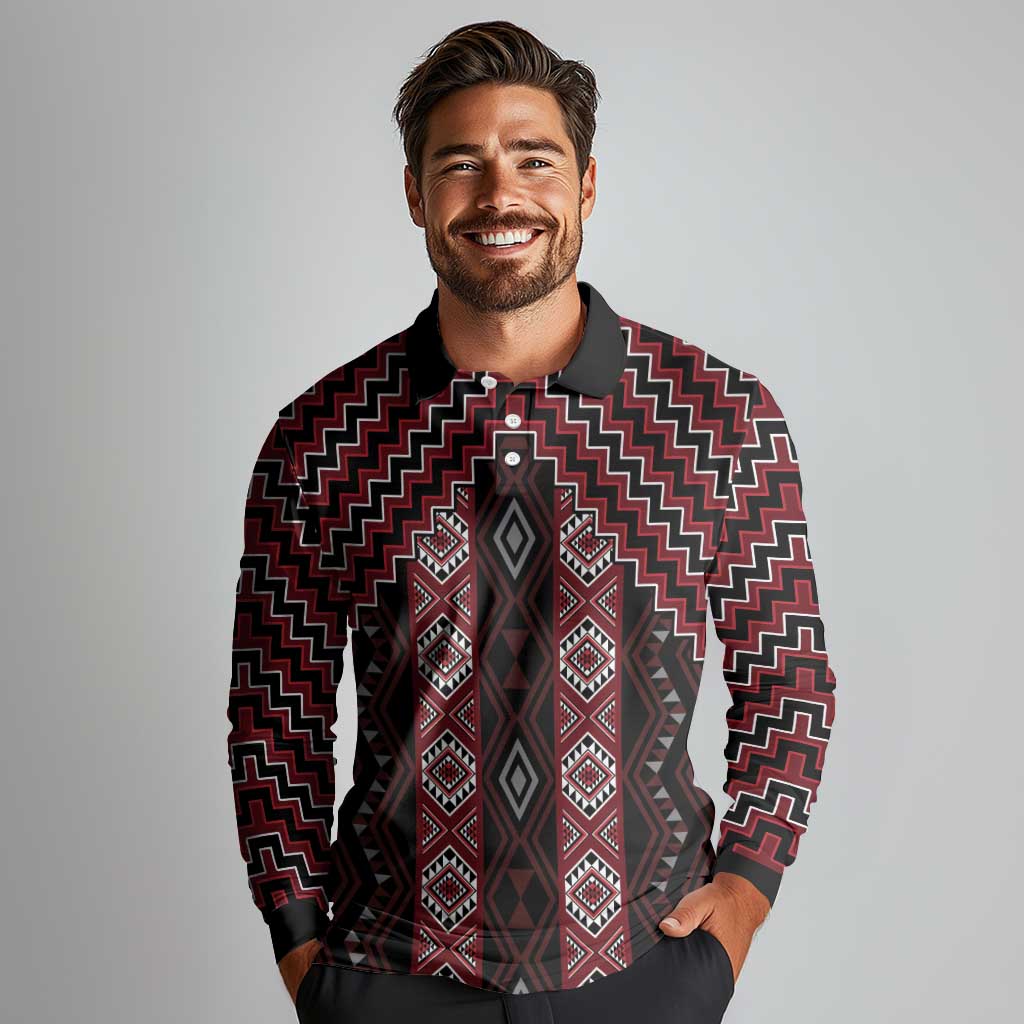 New Zealand Aotearoa Long Sleeve Polo Shirt Red Poutama With Taniko Pattern LT05 - Polynesian Pride