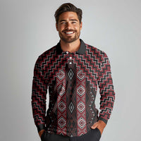 New Zealand Aotearoa Long Sleeve Polo Shirt Red Poutama With Taniko Pattern LT05 - Polynesian Pride