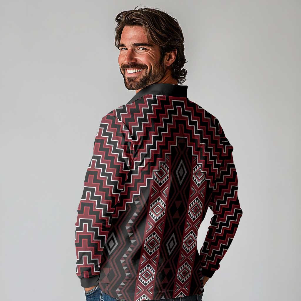 New Zealand Aotearoa Long Sleeve Polo Shirt Red Poutama With Taniko Pattern LT05 - Polynesian Pride