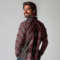 New Zealand Aotearoa Long Sleeve Polo Shirt Red Poutama With Taniko Pattern LT05 - Polynesian Pride