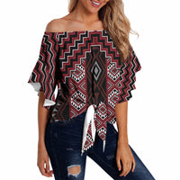New Zealand Aotearoa Off Shoulder Wrap Waist Top Red Poutama With Taniko Pattern LT05 - Polynesian Pride