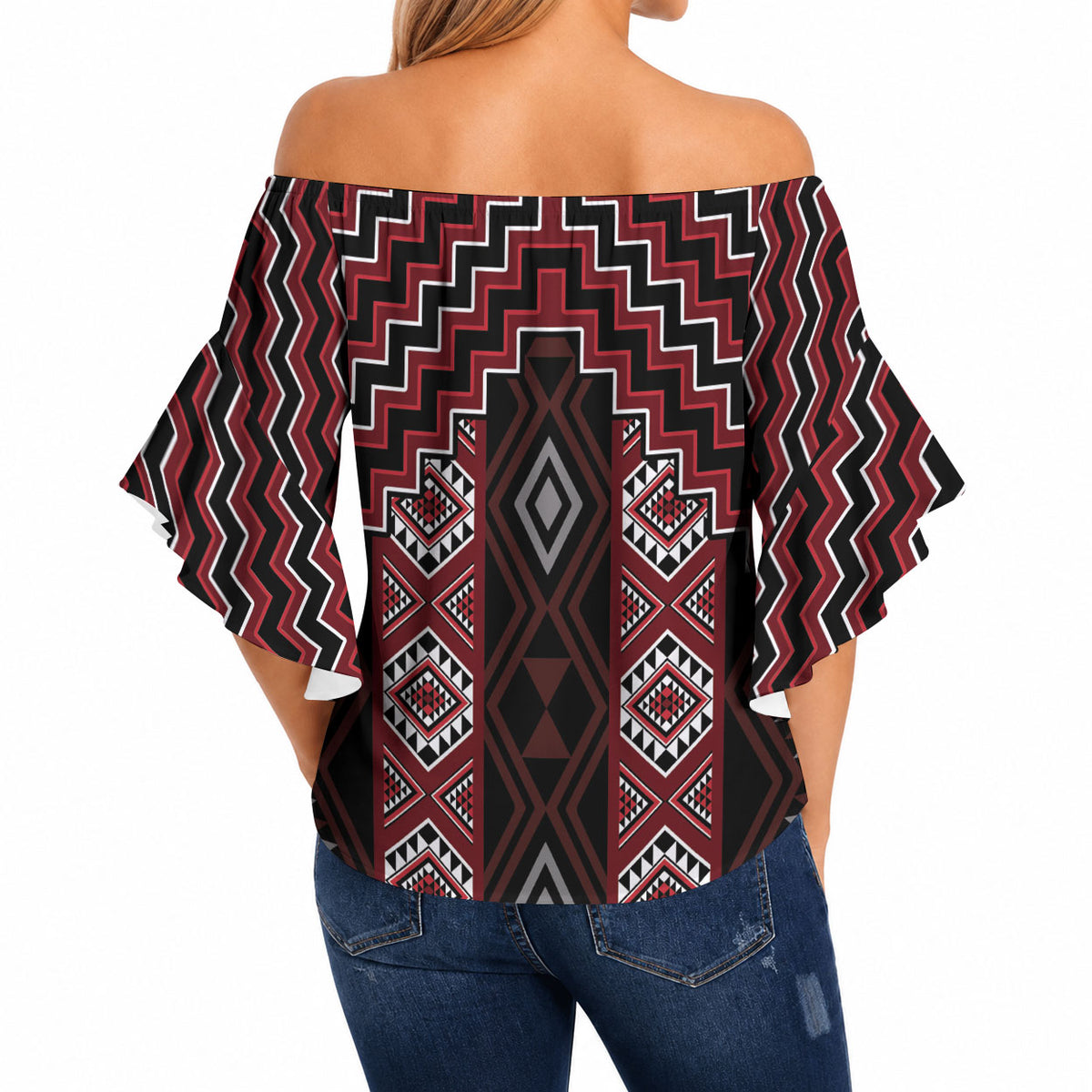 New Zealand Aotearoa Off Shoulder Wrap Waist Top Red Poutama With Taniko Pattern LT05 - Polynesian Pride