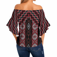 New Zealand Aotearoa Off Shoulder Wrap Waist Top Red Poutama With Taniko Pattern LT05 - Polynesian Pride