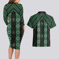 New Zealand Aotearoa Couples Matching Long Sleeve Bodycon Dress and Hawaiian Shirt Green Poutama With Taniko Pattern LT05 - Polynesian Pride
