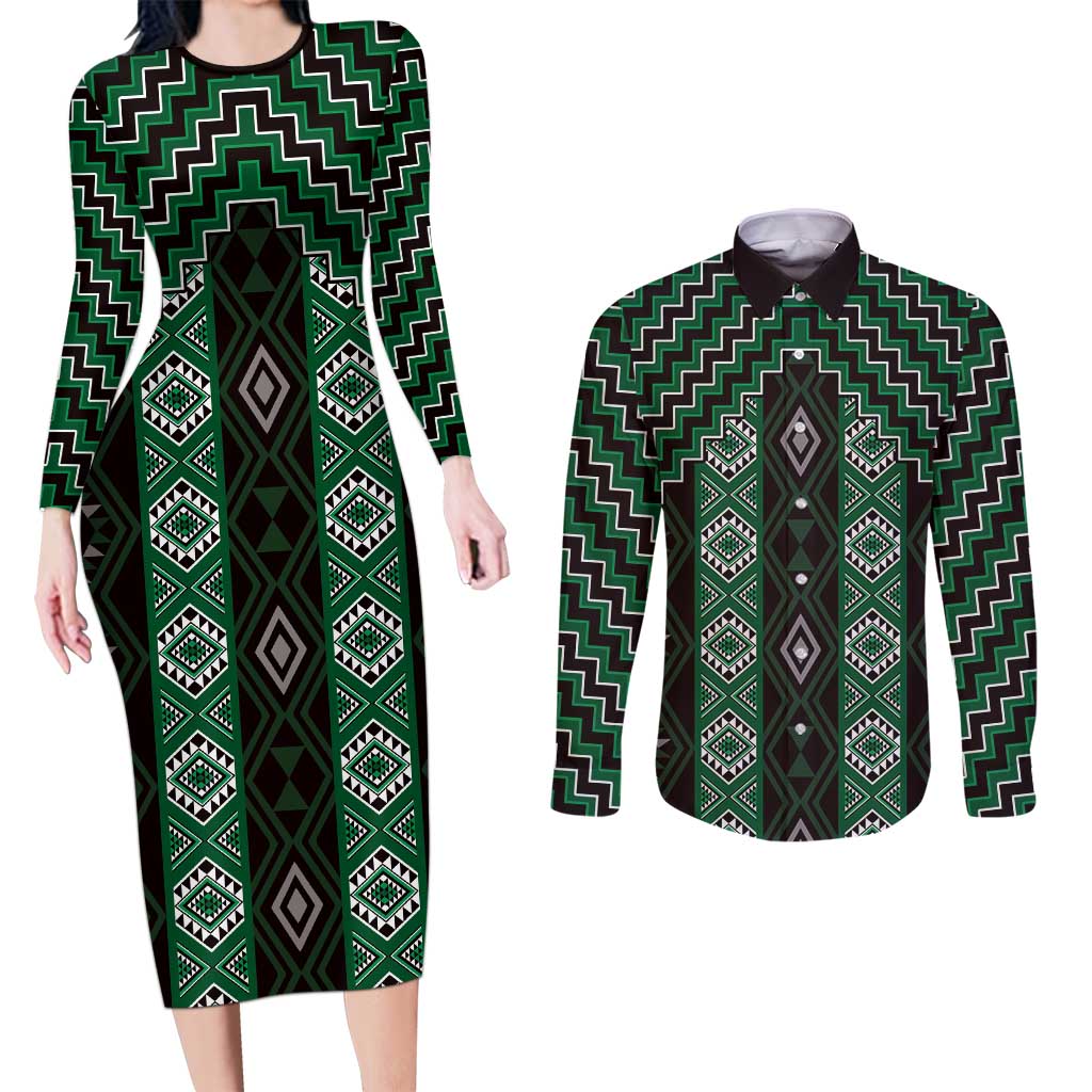 New Zealand Aotearoa Couples Matching Long Sleeve Bodycon Dress and Long Sleeve Button Shirt Green Poutama With Taniko Pattern LT05 Green - Polynesian Pride