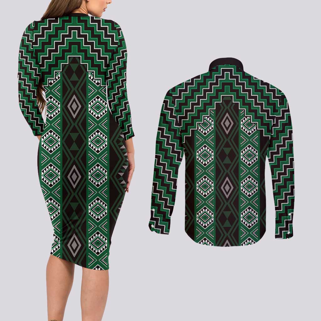 New Zealand Aotearoa Couples Matching Long Sleeve Bodycon Dress and Long Sleeve Button Shirt Green Poutama With Taniko Pattern LT05 - Polynesian Pride