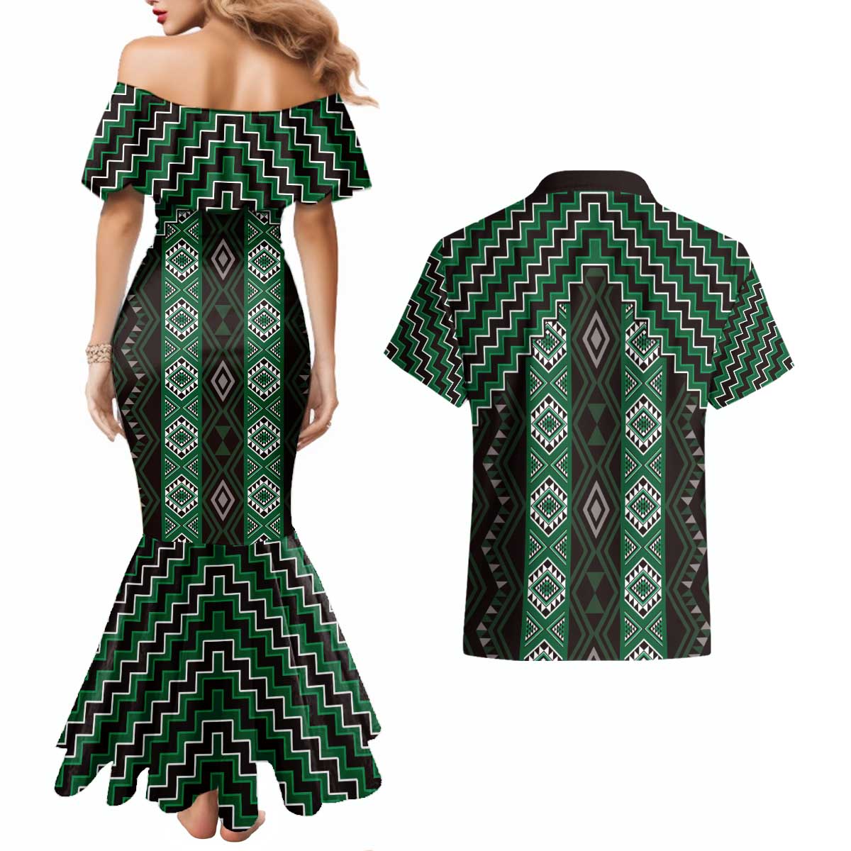 New Zealand Aotearoa Couples Matching Mermaid Dress and Hawaiian Shirt Green Poutama With Taniko Pattern LT05 - Polynesian Pride