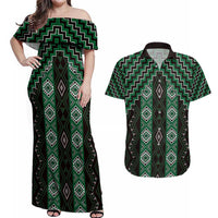 New Zealand Aotearoa Couples Matching Off Shoulder Maxi Dress and Hawaiian Shirt Green Poutama With Taniko Pattern LT05 Green - Polynesian Pride