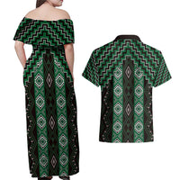 New Zealand Aotearoa Couples Matching Off Shoulder Maxi Dress and Hawaiian Shirt Green Poutama With Taniko Pattern LT05 - Polynesian Pride