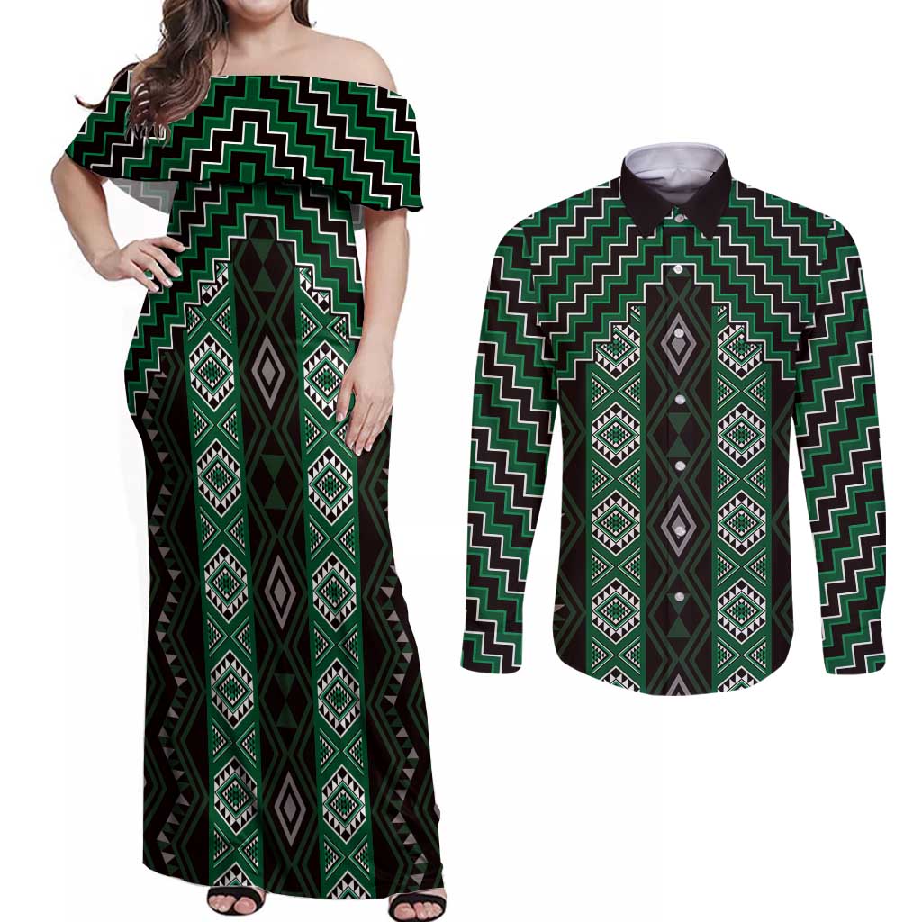 New Zealand Aotearoa Couples Matching Off Shoulder Maxi Dress and Long Sleeve Button Shirt Green Poutama With Taniko Pattern LT05 Green - Polynesian Pride