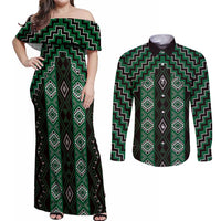 New Zealand Aotearoa Couples Matching Off Shoulder Maxi Dress and Long Sleeve Button Shirt Green Poutama With Taniko Pattern LT05 Green - Polynesian Pride
