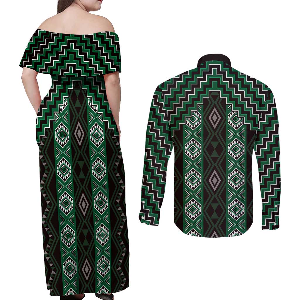 New Zealand Aotearoa Couples Matching Off Shoulder Maxi Dress and Long Sleeve Button Shirt Green Poutama With Taniko Pattern LT05 - Polynesian Pride