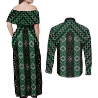 New Zealand Aotearoa Couples Matching Off Shoulder Maxi Dress and Long Sleeve Button Shirt Green Poutama With Taniko Pattern LT05 - Polynesian Pride