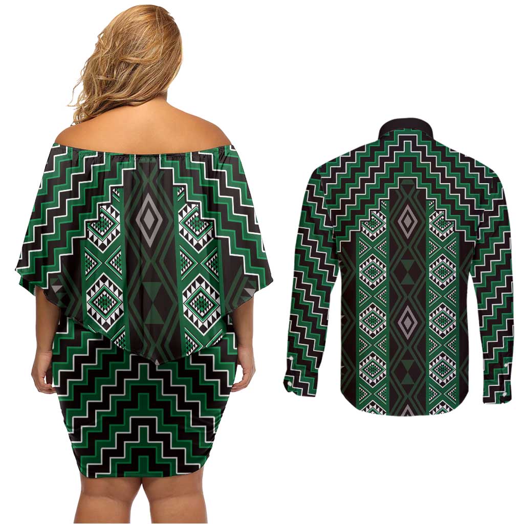 New Zealand Aotearoa Couples Matching Off Shoulder Short Dress and Long Sleeve Button Shirt Green Poutama With Taniko Pattern LT05 - Polynesian Pride