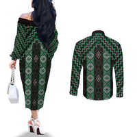 New Zealand Aotearoa Couples Matching Off The Shoulder Long Sleeve Dress and Long Sleeve Button Shirt Green Poutama With Taniko Pattern LT05 - Polynesian Pride
