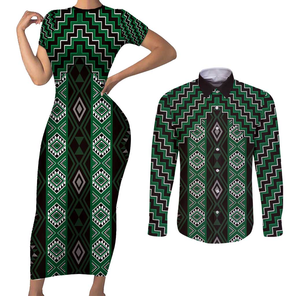 New Zealand Aotearoa Couples Matching Short Sleeve Bodycon Dress and Long Sleeve Button Shirt Green Poutama With Taniko Pattern LT05 Green - Polynesian Pride