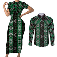 New Zealand Aotearoa Couples Matching Short Sleeve Bodycon Dress and Long Sleeve Button Shirt Green Poutama With Taniko Pattern LT05 Green - Polynesian Pride