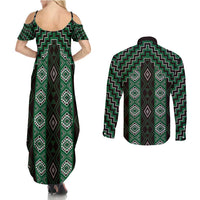 New Zealand Aotearoa Couples Matching Summer Maxi Dress and Long Sleeve Button Shirt Green Poutama With Taniko Pattern LT05 - Polynesian Pride