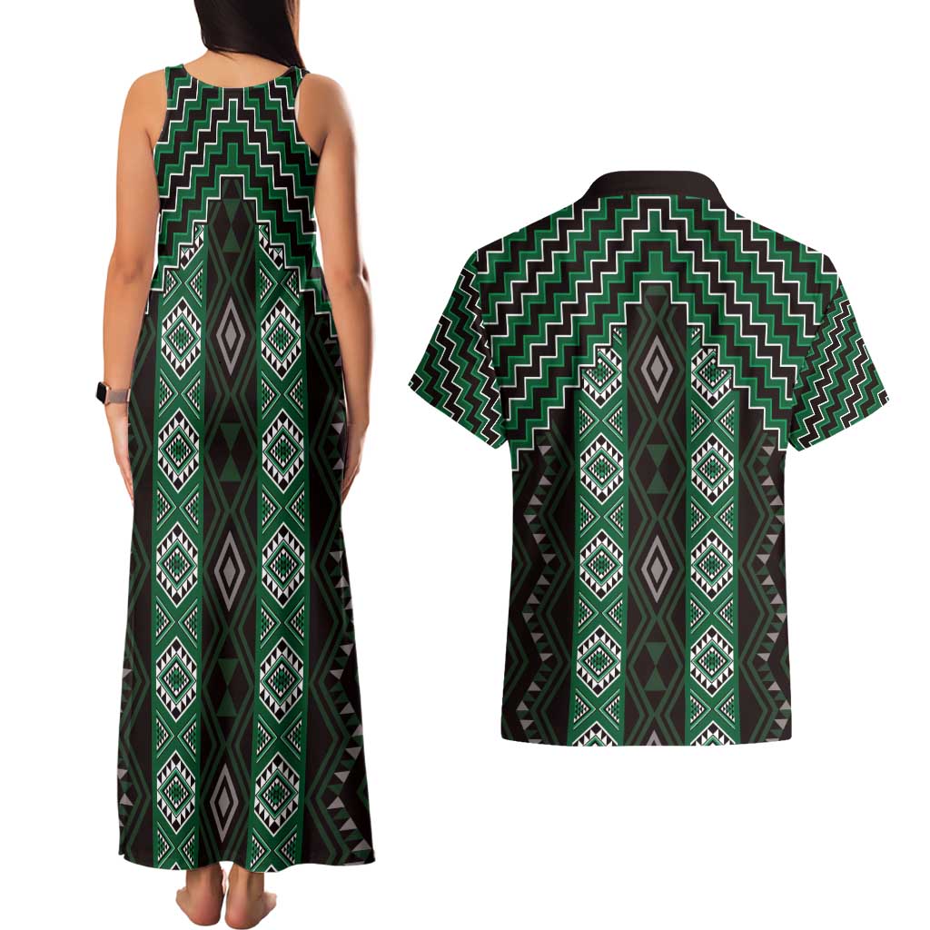 New Zealand Aotearoa Couples Matching Tank Maxi Dress and Hawaiian Shirt Green Poutama With Taniko Pattern LT05 - Polynesian Pride