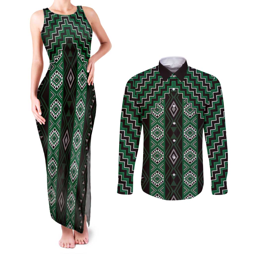New Zealand Aotearoa Couples Matching Tank Maxi Dress and Long Sleeve Button Shirt Green Poutama With Taniko Pattern LT05 Green - Polynesian Pride