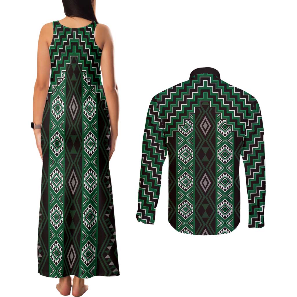 New Zealand Aotearoa Couples Matching Tank Maxi Dress and Long Sleeve Button Shirt Green Poutama With Taniko Pattern LT05 - Polynesian Pride