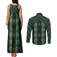 New Zealand Aotearoa Couples Matching Tank Maxi Dress and Long Sleeve Button Shirt Green Poutama With Taniko Pattern LT05 - Polynesian Pride