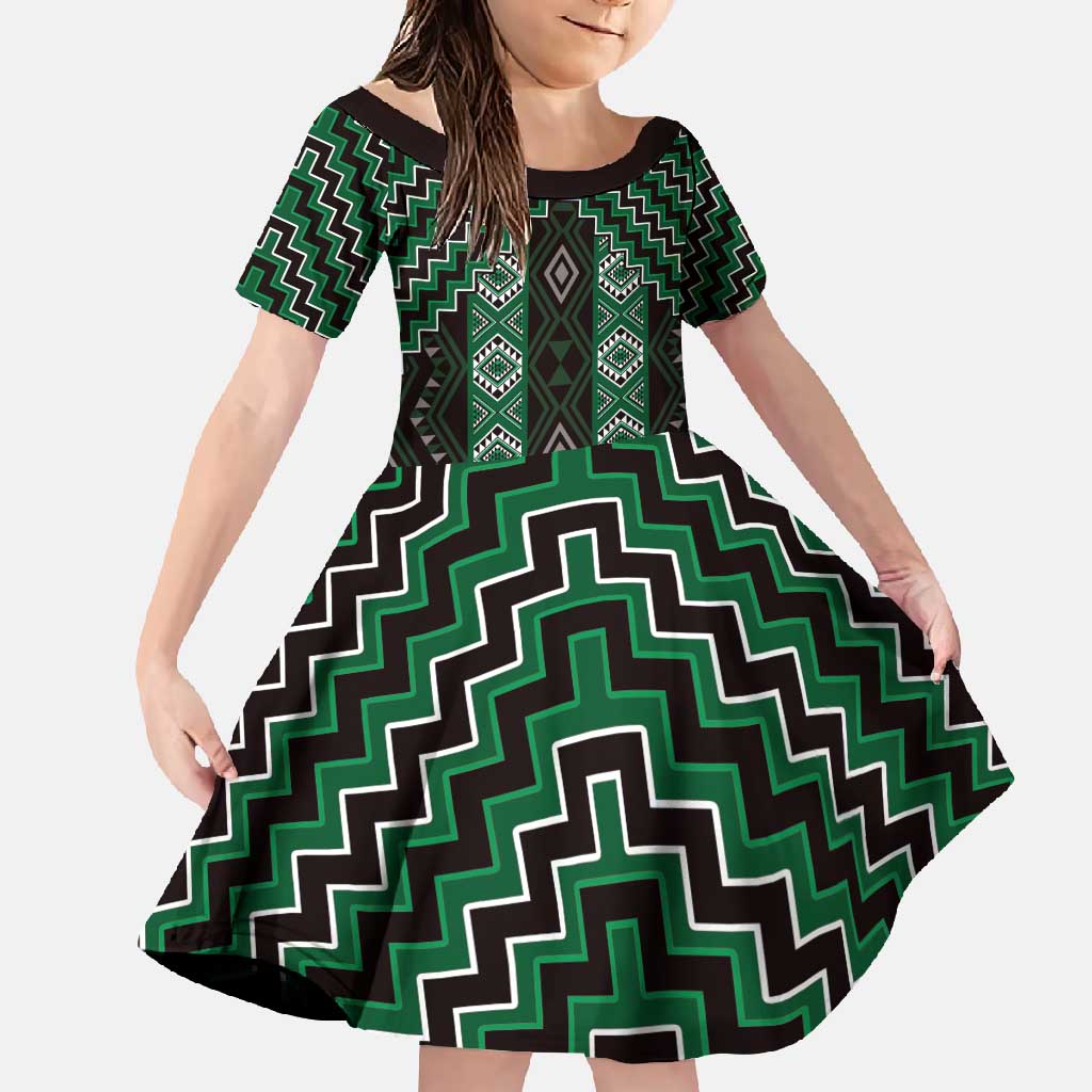 New Zealand Aotearoa Family Matching Long Sleeve Bodycon Dress and Hawaiian Shirt Green Poutama With Taniko Pattern LT05 Daughter's Dress Green - Polynesian Pride