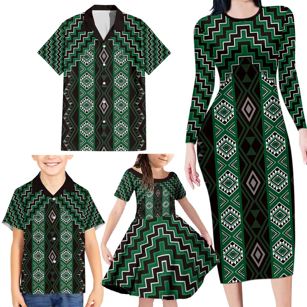 New Zealand Aotearoa Family Matching Long Sleeve Bodycon Dress and Hawaiian Shirt Green Poutama With Taniko Pattern LT05 - Polynesian Pride