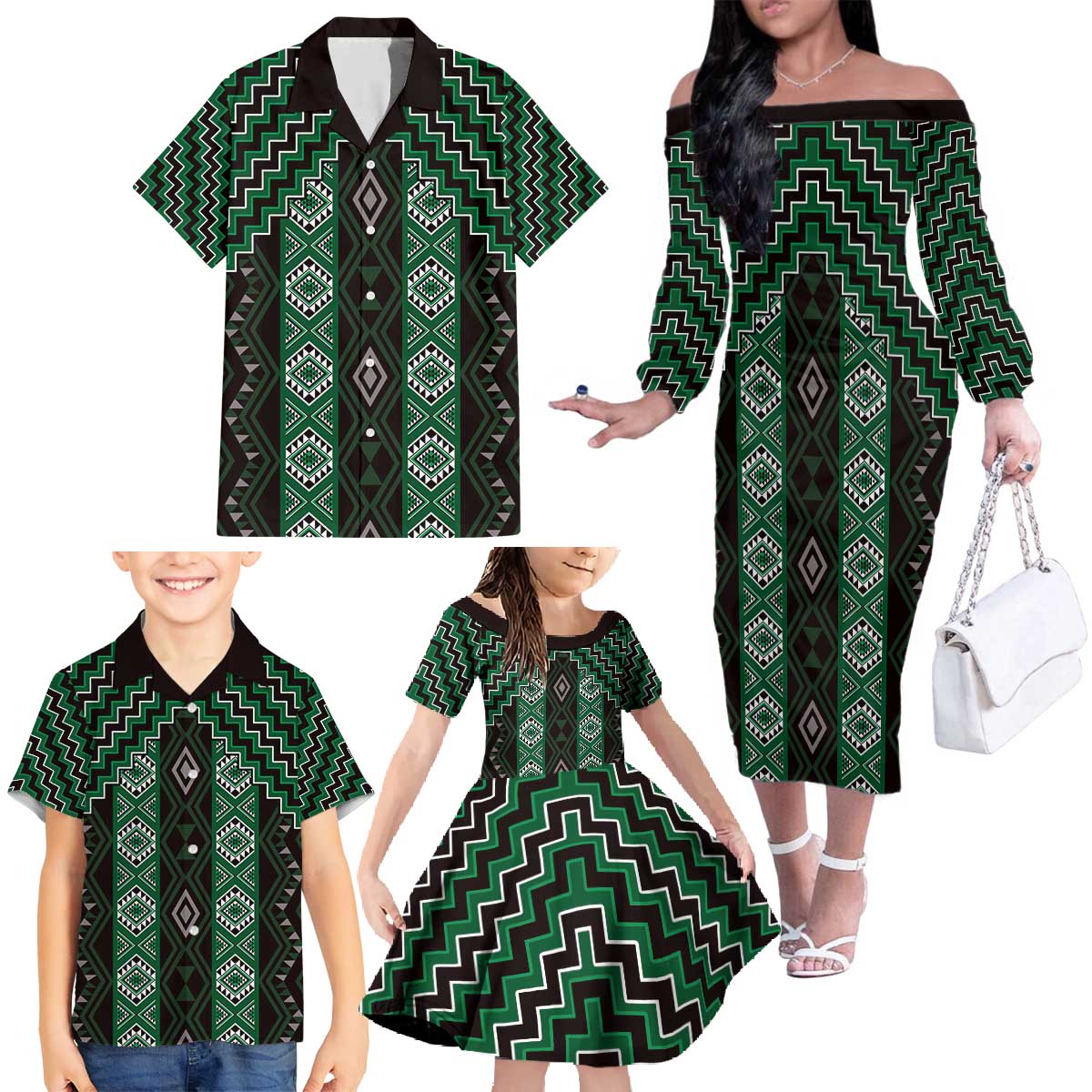 New Zealand Aotearoa Family Matching Off The Shoulder Long Sleeve Dress and Hawaiian Shirt Green Poutama With Taniko Pattern LT05 - Polynesian Pride