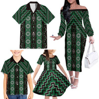 New Zealand Aotearoa Family Matching Off The Shoulder Long Sleeve Dress and Hawaiian Shirt Green Poutama With Taniko Pattern LT05 - Polynesian Pride