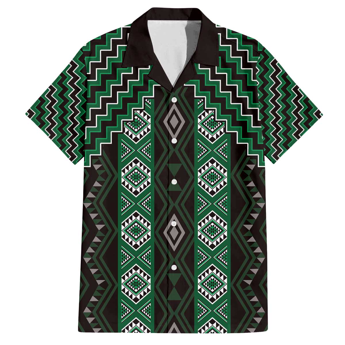 New Zealand Aotearoa Family Matching Off The Shoulder Long Sleeve Dress and Hawaiian Shirt Green Poutama With Taniko Pattern LT05 Dad's Shirt - Short Sleeve Green - Polynesian Pride