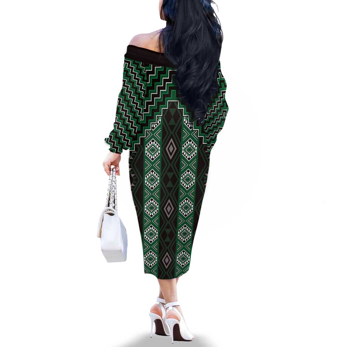 New Zealand Aotearoa Family Matching Off The Shoulder Long Sleeve Dress and Hawaiian Shirt Green Poutama With Taniko Pattern LT05 - Polynesian Pride
