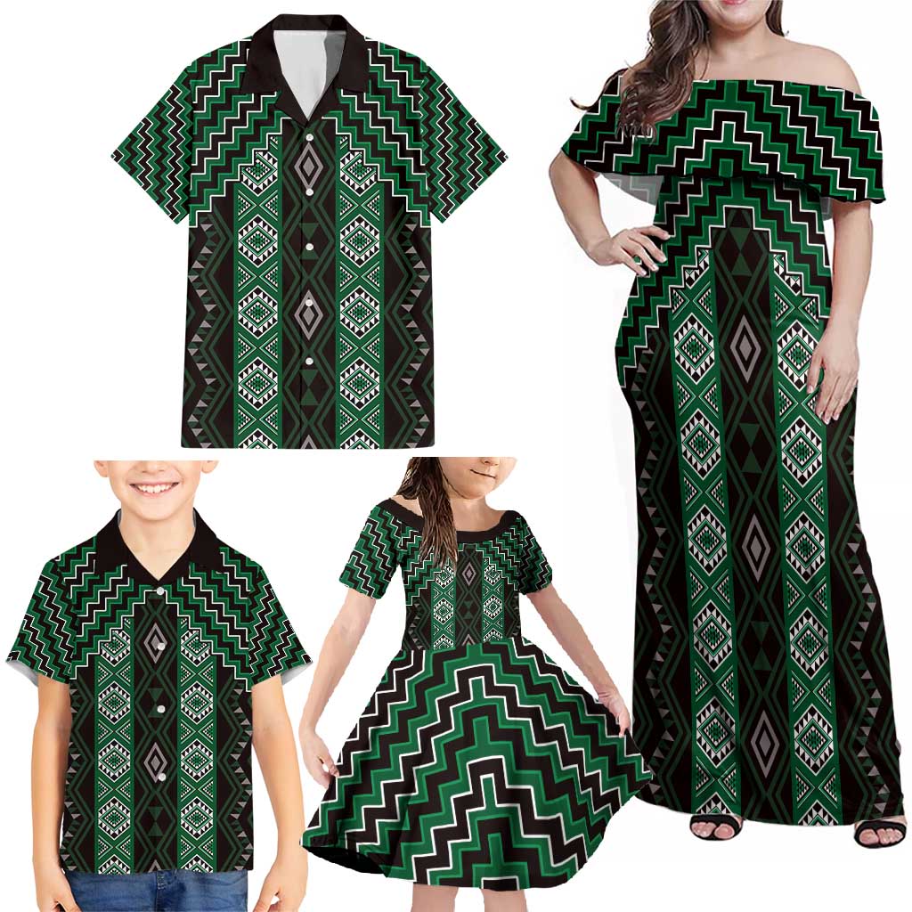 New Zealand Aotearoa Family Matching Off Shoulder Maxi Dress and Hawaiian Shirt Green Poutama With Taniko Pattern LT05 - Polynesian Pride