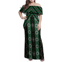 New Zealand Aotearoa Family Matching Off Shoulder Maxi Dress and Hawaiian Shirt Green Poutama With Taniko Pattern LT05 Mom's Dress Green - Polynesian Pride