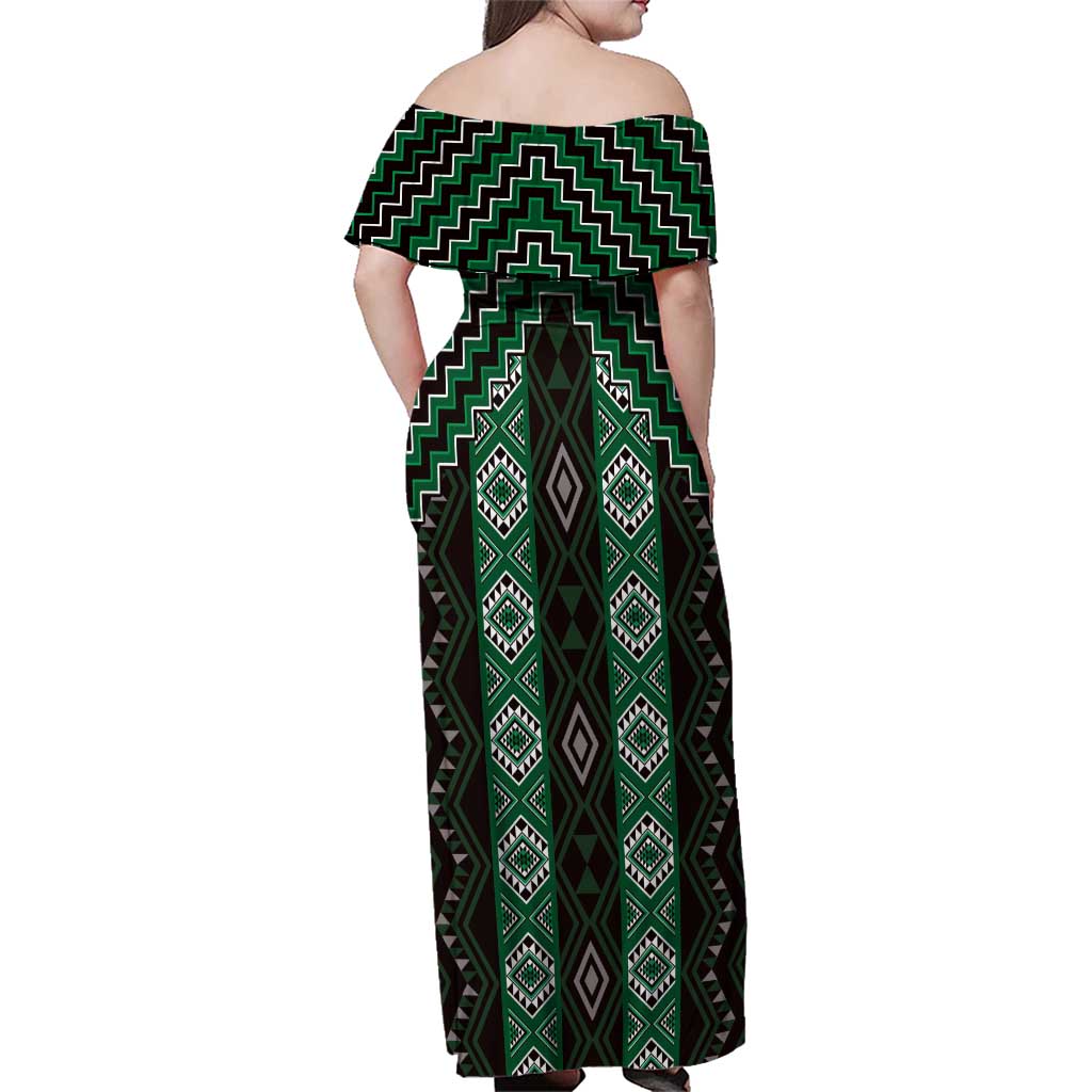 New Zealand Aotearoa Family Matching Off Shoulder Maxi Dress and Hawaiian Shirt Green Poutama With Taniko Pattern LT05 - Polynesian Pride