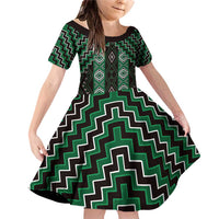 New Zealand Aotearoa Family Matching Off Shoulder Short Dress and Hawaiian Shirt Green Poutama With Taniko Pattern LT05 Daughter's Dress Green - Polynesian Pride