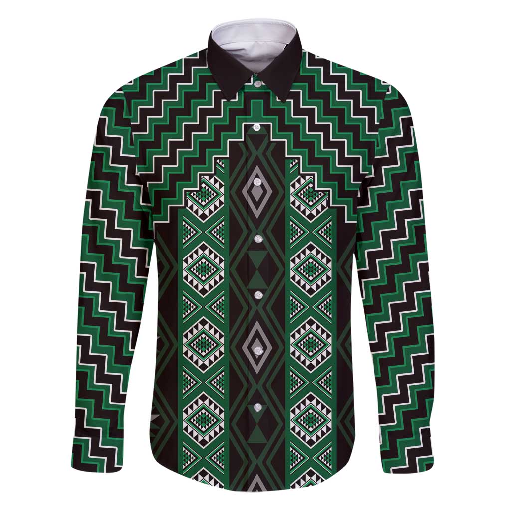 New Zealand Aotearoa Family Matching Puletasi and Hawaiian Shirt Green Poutama With Taniko Pattern LT05 Dad's Shirt - Long Sleeve Green - Polynesian Pride