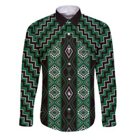 New Zealand Aotearoa Family Matching Puletasi and Hawaiian Shirt Green Poutama With Taniko Pattern LT05 Dad's Shirt - Long Sleeve Green - Polynesian Pride