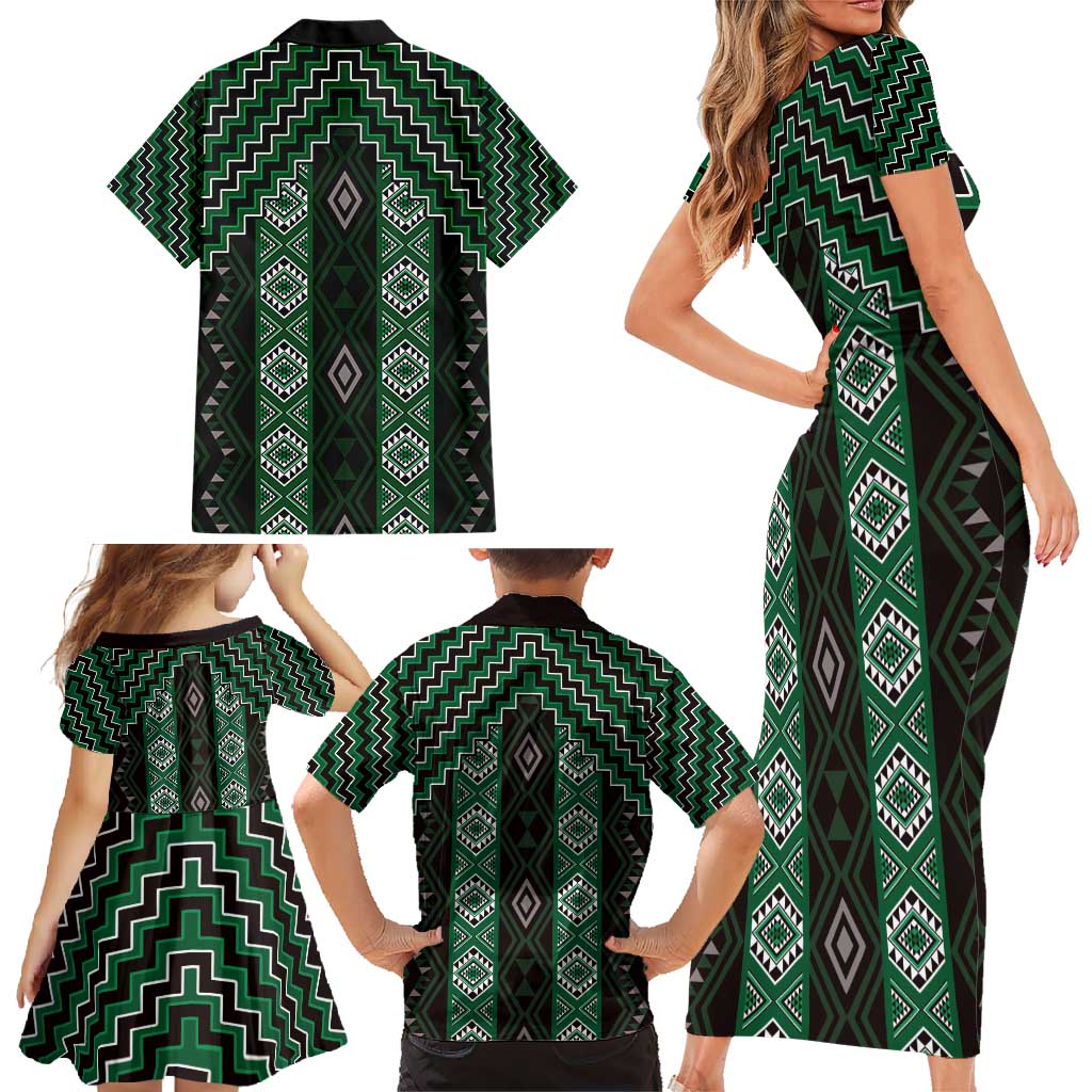 New Zealand Aotearoa Family Matching Short Sleeve Bodycon Dress and Hawaiian Shirt Green Poutama With Taniko Pattern LT05 - Polynesian Pride