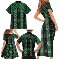 New Zealand Aotearoa Family Matching Short Sleeve Bodycon Dress and Hawaiian Shirt Green Poutama With Taniko Pattern LT05 - Polynesian Pride