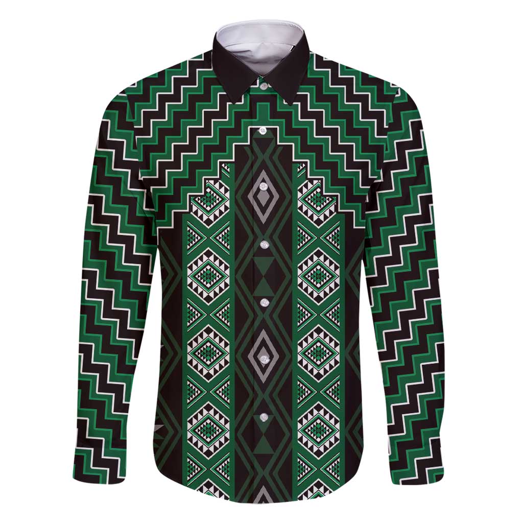 New Zealand Aotearoa Family Matching Short Sleeve Bodycon Dress and Hawaiian Shirt Green Poutama With Taniko Pattern LT05 Dad's Shirt - Long Sleeve Green - Polynesian Pride