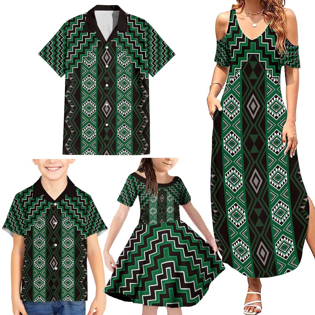 New Zealand Aotearoa Family Matching Summer Maxi Dress and Hawaiian Shirt Green Poutama With Taniko Pattern LT05 - Polynesian Pride