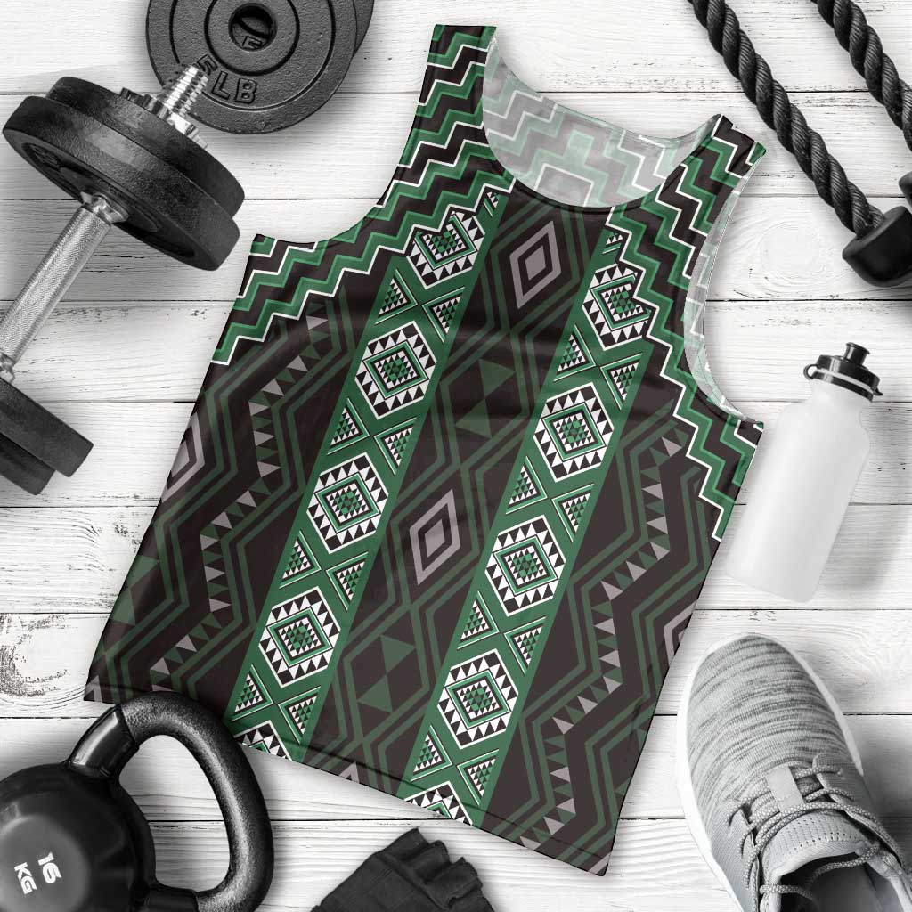 New Zealand Aotearoa Men Tank Top Green Poutama With Taniko Pattern LT05