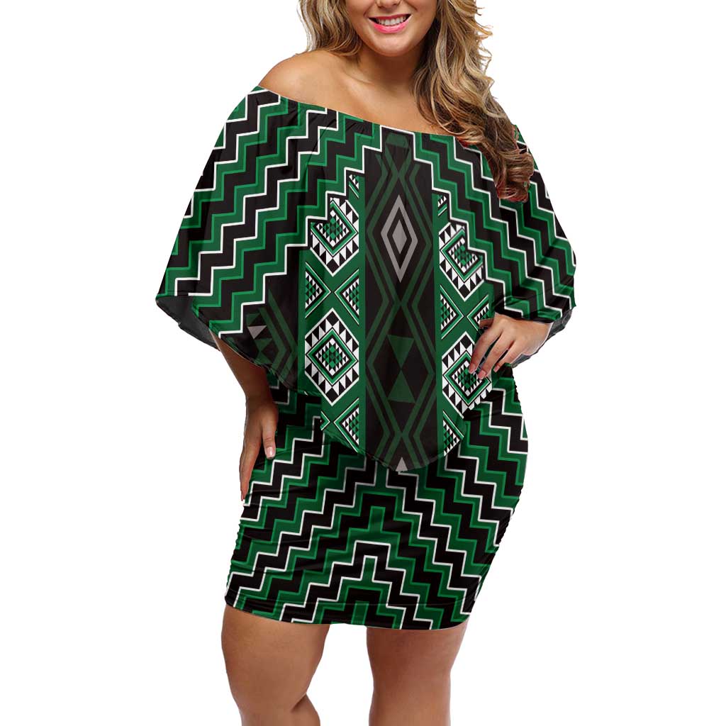 New Zealand Aotearoa Off Shoulder Short Dress Green Poutama With Taniko Pattern LT05 Women Green - Polynesian Pride