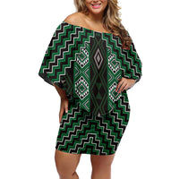 New Zealand Aotearoa Off Shoulder Short Dress Green Poutama With Taniko Pattern LT05 Women Green - Polynesian Pride